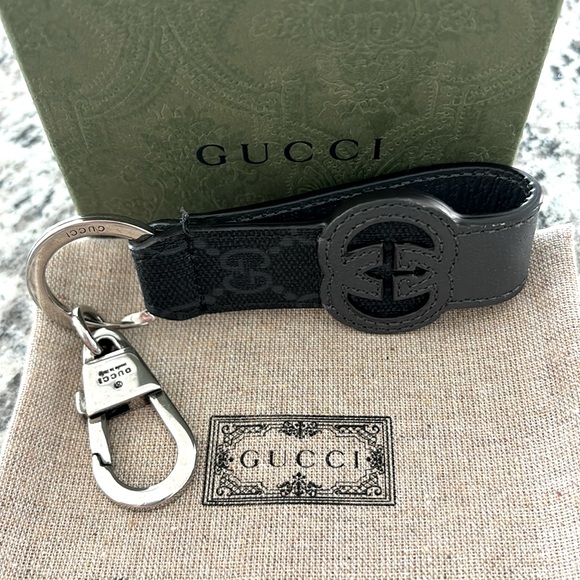 Gucci Black Leather Interlocking GG Monogram Keyring Keychain w/ Dust Bag & Box - Picture 6 of 11